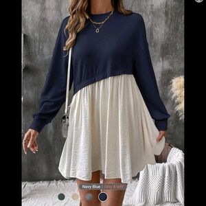 SHEIN Blue and Cream Long Sleeve Babydoll Dress